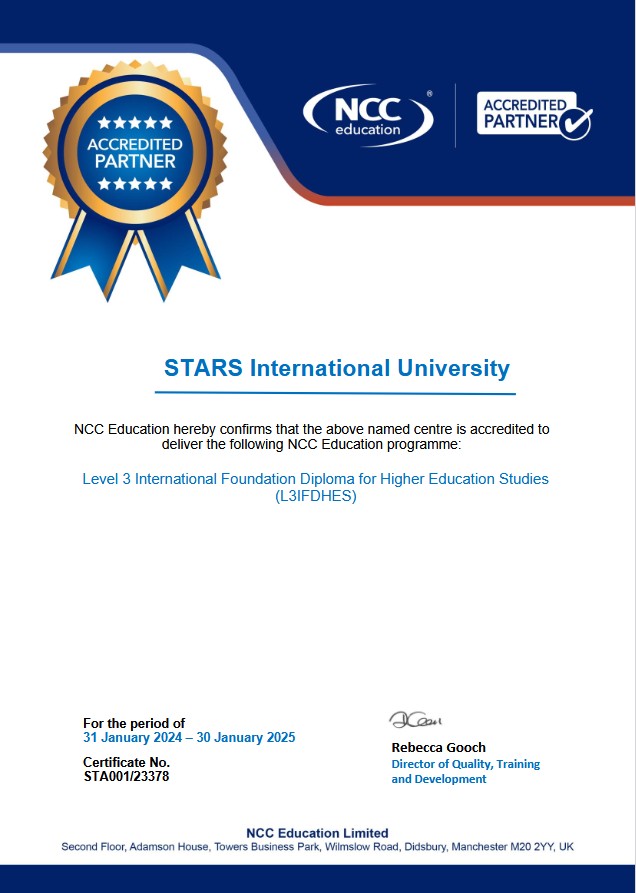 STARS официально аккредитован NCC Education для реализации программы Level 3 International Foundation Diploma for Higher Education Studies, которая готовит студентов к поступлению в высшие учебные заведения.