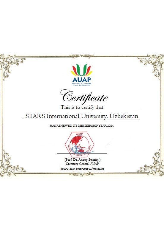 Сертификат членства AUAP подтверждает участие STARS International University в международной университетской сети и развитие академического сотрудничества с образовательными учреждениями Азии и Тихоокеанского региона.