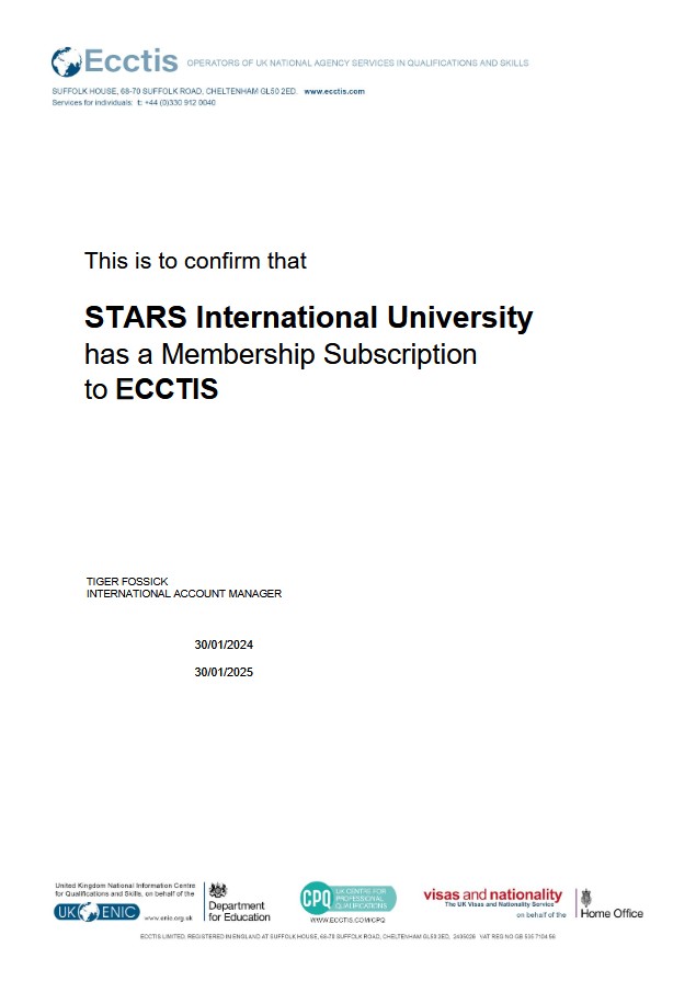 Членство в Ecctis подтверждает участие STARS International University в международной системе признания квалификаций и сотрудничество в области оценки образовательных стандартов.