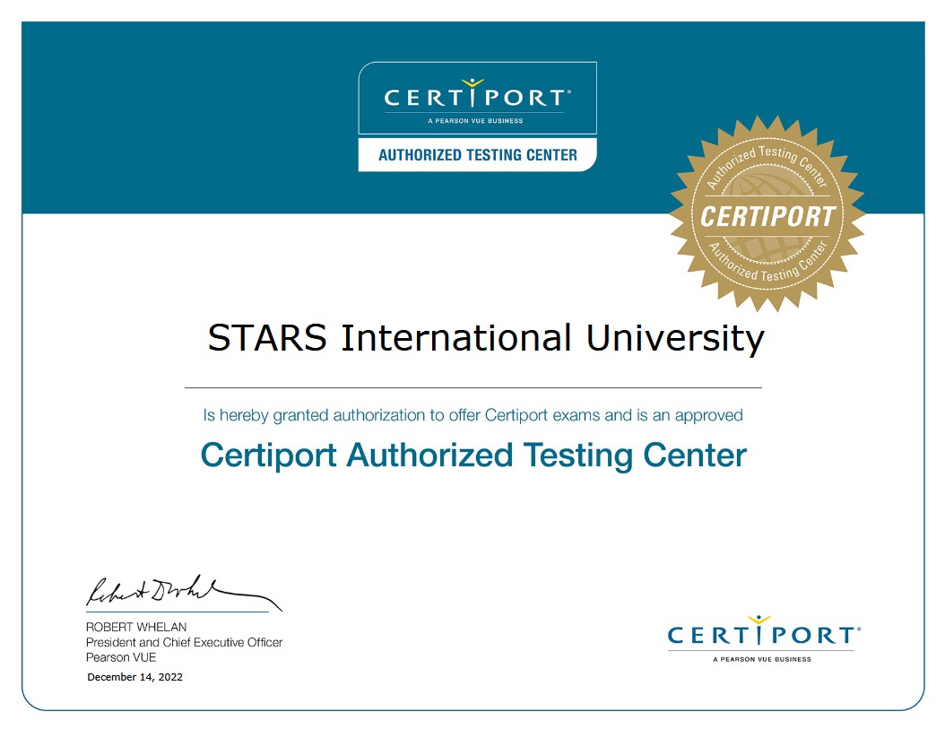 Аккредитация Certiport подтверждает право STARS International University проводить международные сертификационные экзамены и обеспечивать студентам доступ к признанным профессиональным цифровым квалификациям.